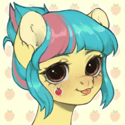 Size: 2000x2000 | Tagged: safe, artist:hirichie, imported from derpibooru, oc, oc only, earth pony, pony, blushing, bust, cute, female, food, freckles, icon, mare, portrait, solo, sticker, strawberry, tongue out