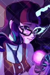 Size: 709x1063 | Tagged: safe, artist:kameko_mikan, imported from derpibooru, sci-twi, twilight sparkle, human, equestria girls, friendship games, bust, clothes, crystal prep academy uniform, duality, female, glasses, looking at you, magic capture device, midnight sparkle, sample, school uniform, solo, watermark