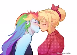 Size: 2424x1748 | Tagged: safe, artist:kameko_mikan, imported from derpibooru, applejack, rainbow dash, human, equestria girls, appledash, bare shoulders, blushing, bust, clothes, duo, duo female, eyes closed, female, freckles, kissing, lesbian, profile, shipping, simple background, sleeveless, tanktop, white background