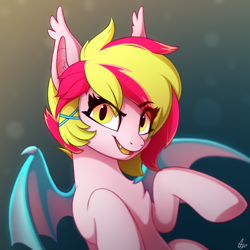 Size: 2000x2000 | Tagged: safe, artist:luminousdazzle, imported from derpibooru, oc, oc only, oc:dragon fruit, bat pony, pony, bat pony oc, chest fluff, colored wings, ear fluff, fangs, female, flying, forked tongue, hair accessory, mare, multicolored mane, multicolored wings, slit pupils, smiling, solo, wings