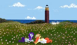 Size: 4900x2900 | Tagged: safe, artist:poniebones, imported from derpibooru, fluttershy, rarity, pegasus, pony, unicorn, bow, clothes, dress, female, field, flarity, flower, grass, grass field, hat, high res, lesbian, lighthouse, lying down, ocean, prone, scenery, shipping, straw hat, summer, sundress, tail, tail bow, water