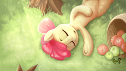 Size: 3840x2160 | Tagged: safe, artist:sea-maas, imported from derpibooru, apple bloom, earth pony, pony, adorabloom, apple, apple bloom's bow, basket, bow, crepuscular rays, cute, eyes closed, female, filly, foal, food, grass, hair bow, high res, lying down, on back, open mouth, outdoors, signature, sleeping, solo, underhoof