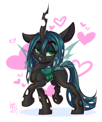 Size: 2200x2634 | Tagged: safe, artist:falafeljake, imported from derpibooru, queen chrysalis, changeling, changeling queen, cute, cutealis, eyelashes, female, heart, horn, simple background, solo, tail, white background