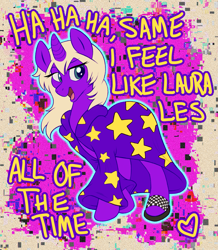 Size: 1789x2048 | Tagged: safe, artist:ssnugglepunk, imported from derpibooru, pony, unicorn, 100 gecs, blonde, blue eyes, cloak, clothes, female, laura les, lyrics, mare, ponified, shoes, solo, stars, text