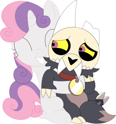 Size: 3317x3531 | Tagged: safe, artist:porygon2z, imported from derpibooru, sweetie belle, pony, unicorn, broken horn, collar, crossover, cute, diasweetes, horn, hug, king clawthorne, pet tag, show accurate, simple background, skull, the owl house, titan, transparent background