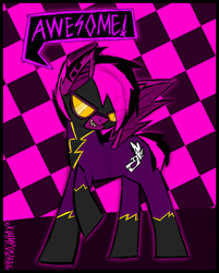 Size: 1416x1762 | Tagged: safe, artist:xxv4mp_g4z3rxx, imported from derpibooru, oc, oc:violet valium, bat pony, pony, bat pony oc, checkered background, clothes, costume, ear piercing, emo, fangs, female, full body, goggles, mare, piercing, shadowbolts costume, sharp teeth, smiling, solo, speech bubble, spread wings, tail, teeth, torn ear, two toned mane, two toned tail, wings