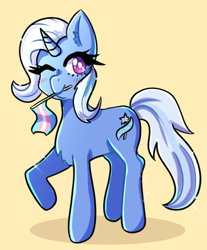 Size: 1989x2400 | Tagged: safe, artist:mylittleyuri, imported from derpibooru, trixie, pony, unicorn, comments locked down, female, graveyard of comments, mare, mouth hold, one eye closed, pride, pride flag, raised hoof, simple background, solo, trans female, trans trixie, transgender, transgender pride flag, wink, yellow background