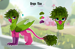 Size: 3880x2576 | Tagged: safe, alternate version, artist:zlatavector, imported from derpibooru, oc, oc only, oc:grape vine, griffon, beak, commission, femboy, griffon oc, long tail, looking at you, male, reference sheet, smiling, solo, tail