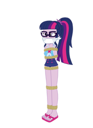 Size: 762x1049 | Tagged: safe, artist:robukun, imported from derpibooru, sci-twi, twilight sparkle, human, equestria girls, equestria girls series, forgotten friendship, bondage, bound and gagged, cloth gag, clothes, gag, glasses, rope, rope bondage, ropes, sandals, simple background, swimsuit, tied up, transparent background