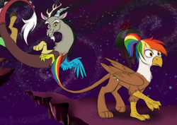 Size: 1280x905 | Tagged: safe, artist:zuckerluchs, imported from derpibooru, discord, oc, oc:rainbow feather, draconequus, griffon, interspecies offspring, magical lesbian spawn, offspring, parent:gilda, parent:rainbow dash, parents:gildash, space, story included