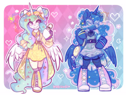 Size: 3336x2534 | Tagged: safe, artist:oofycolorful, imported from derpibooru, part of a set, princess celestia, princess luna, alicorn, semi-anthro, bag, cellphone, clothes, commission, converse, decora, dress, duffle bag, duo, fashion, flip phone, glasses, harajuku, hoof shoes, phone, shoes, watermark