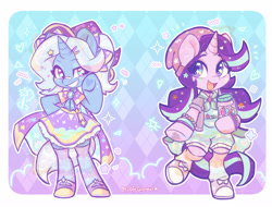 Size: 3336x2534 | Tagged: safe, artist:oofycolorful, imported from derpibooru, part of a set, starlight glimmer, trixie, semi-anthro, unicorn, bandaid, bandaid on nose, beanie, bow, bracelet, candy, commission, converse, cute, decora, diatrixes, duo, fashion, food, glimmerbetes, hair bow, harajuku, hat, high res, hoof shoes, horn, jar, jewelry, open mouth, open smile, shoes, smiling, tail, underhoof