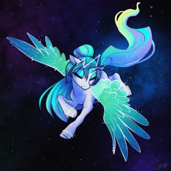 Size: 4096x4096 | Tagged: safe, artist:opalacorn, imported from derpibooru, oc, oc only, alicorn, pony, alicorn oc, eyes closed, flying, horn, solo, space, wings