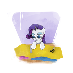 Size: 2048x2048 | Tagged: safe, artist:widelake, imported from derpibooru, rarity, pony, unicorn, desk, fabric, ruler, scissors, silk, simple background, solo, white background