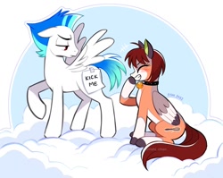 Size: 1200x957 | Tagged: safe, artist:rishi-chan, artist:rishi_chan, imported from derpibooru, oc, oc only, oc:saberspark, pegasus, pony, bell, bell collar, blushing, cloud, coat markings, collar, ears back, floppy ears, laughing, on a cloud, prank, sitting, sitting on a cloud, smiling, socks (coat markings), spread wings, unamused, wings