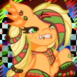 Size: 3000x3000 | Tagged: safe, artist:umbrapone, imported from derpibooru, applejack, earth pony, pony, abstract background, apple, applejack's hat, bandana, beads, bust, checkered background, cowboy hat, ear fluff, ear piercing, fangs, food, freckles, hair accessory, hairpin, hat, lip piercing, piercing, ponytail, rawrified, smiling, solo, straps, striped mane