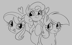 Size: 1360x860 | Tagged: safe, artist:mushy, daisy, flower wishes, lily, lily valley, roseluck, earth pony, pony, aggie.io, blushing, female, flower trio, heart, mare, monochrome, open mouth, simple background, smiling