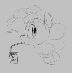 Size: 395x405 | Tagged: safe, artist:hattsy, pinkie pie, earth pony, pony, aggie.io, drinking, female, looking back, mare, monochrome, simple background, sketch, straw