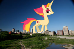 Size: 1024x683 | Tagged: safe, artist:cheezedoodle96, artist:jaredking779, edit, imported from derpibooru, fire flare, pony, unicorn, female, giant pony, giant unicorn, giantess, highrise ponies, irl, macro, mare, mega giant, milwaukee, photo, ponies in real life, wisconsin