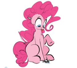 Size: 1227x1091 | Tagged: safe, artist:hattsy, pinkie pie, oc, oc:anon, earth pony, pony, female, mare, micro, raised hoof, simple background, sitting, smiling, tongue out, white background