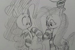 Size: 2048x1351 | Tagged: safe, artist:hattsy, fluttershy, pinkie pie, earth pony, pegasus, pony, clothes, female, mare, monochrome, sketch, socks, traditional art