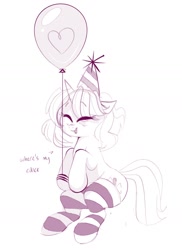 Size: 1194x1644 | Tagged: safe, artist:hattsy, oc, oc only, pony, unicorn, balloon, clothes, eyes closed, female, hat, mare, monochrome, open mouth, party hat, simple background, sitting, smiling, socks, talking