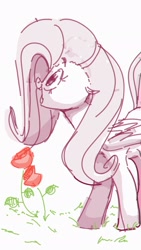 Size: 1152x2048 | Tagged: safe, artist:hattsy, fluttershy, pegasus, pony, female, flower, grass, happy, mare, open mouth, rose, simple background, sketch, smiling