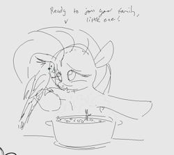 Size: 812x721 | Tagged: safe, artist:hattsy, fluttershy, philomena, bird, pegasus, pony, carnivore, cooking, crying, female, food, mare, monochrome, open mouth, simple background, sketch, smiling, soup