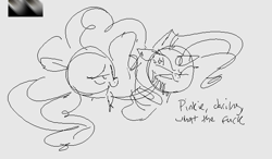 Size: 633x369 | Tagged: safe, artist:hattsy, pinkie pie, rarity, earth pony, pony, unicorn, angry, eyes closed, female, licking, mare, monochrome, open mouth, simple background, sketch, smiling, talking, tongue out