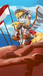 Size: 2160x3840 | Tagged: safe, artist:applephil, imported from derpibooru, derpy hooves, pegasus, pony, armor, female, flag, helmet, looking at you, low angle, mare, poland, raised hoof, rock, sketch, sky, smiling, smiling at you, solo, winged hussar