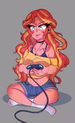 Size: 2293x3778 | Tagged: safe, artist:mylittleyuri, imported from derpibooru, sunset shimmer, human, belly button, blushing, bra, bra strap, breasts, busty sunset shimmer, choker, clothes, controller, cute, ear piercing, earring, female, gamer sunset, gaming, gray background, humanized, jewelry, licking, licking lips, midriff, missing shoes, nail polish, piercing, shimmerbetes, short shirt, shorts, simple background, sitting, socks, solo, tongue out, underwear