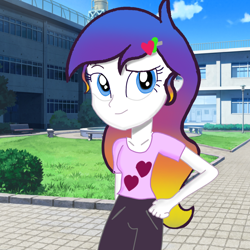 Size: 1280x1280 | Tagged: safe, artist:mazakbar567, imported from derpibooru, oc, oc:rainbow shine, human, equestria girls, colored, hair, looking at you, school, smiling