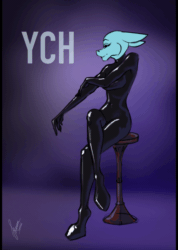 Size: 600x843 | Tagged: safe, artist:stirren, imported from derpibooru, anthro, animated, clothes, commission, female, gloves, latex, latex gloves, latex socks, latex suit, pinup, pose, sitting, socks, stool, your character here