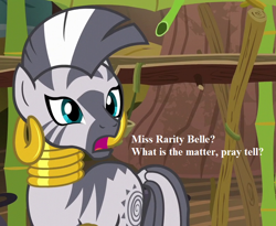 Size: 792x648 | Tagged: safe, edit, edited screencap, imported from derpibooru, screencap, zecora, it isn't the mane thing about you, cropped, ear piercing, earring, implied rarity, jewelry, neck rings, piercing, speech, talking, zecora's hut