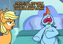 Size: 513x357 | Tagged: safe, artist:ladyanidraws, edit, imported from derpibooru, applejack, rainbow dash, earth pony, pegasus, pony, applejack is not amused, applejack's hat, bed, bedroom, blanket, cowboy hat, cropped, cross-popping veins, dialogue, drool, female, freckles, frown, hat, lying down, mare, multicolored hair, on back, on bed, open mouth, pillow, rainbow dash's bedroom, rainbow hair, text, tongue out, tooth gap, unamused, wings