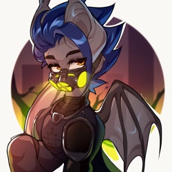 Size: 1024x1024 | Tagged: safe, artist:minekoo2, imported from derpibooru, oc, oc only, oc:dusk blade, bat pony, fanfic:iron hearts, armor, bat pony oc, bust, chaos, fanfic art, mask, respirator