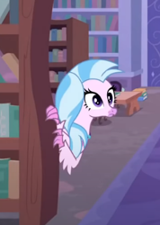 Size: 294x412 | Tagged: safe, imported from derpibooru, screencap, silverstream, classical hippogriff, hippogriff, what lies beneath, bookshelf, cropped, jewelry, necklace, solo