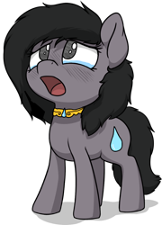 Size: 720x1002 | Tagged: safe, artist:smoldix, edit, imported from derpibooru, oc, oc only, oc:filly anon, earth pony, pony, blushing, crying, emoticlone, female, filly, foal, gray eyes, jewelry, looking up, necklace, open mouth, sad, shadow, simple background, teardrop, transparent background