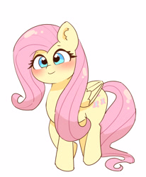 Size: 2800x3400 | Tagged: safe, artist:leo19969525, imported from derpibooru, fluttershy, pegasus, pony, blushing, cute, cyan eyes, ears, ears up, female, g4, mane, mare, pink mane, pink tail, shyabetes, simple background, smiling, solo, tail, walking, white background, wings