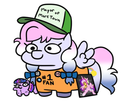 Size: 768x650 | Tagged: safe, artist:jargon scott, imported from derpibooru, princess cadance, twilight sparkle, oc, oc:heavy weather, pegasus, #1, baseball cap, brony, cap, clothes, hat, merchandise, peetzer, pins, plushie, saturn devouring his son, shirt, simple background, squatpony, t-shirt, twiggie, white background