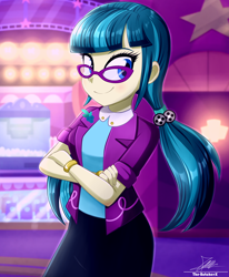 Size: 1784x2163 | Tagged: safe, artist:the-butch-x, imported from derpibooru, juniper montage, human, equestria girls, cinema, clothes, crossed arms, female, glasses, jacket, looking at you, open smile, smiling, smiling at you, solo
