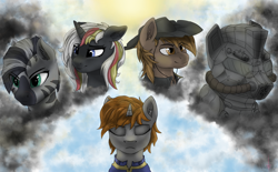 Size: 1840x1140 | Tagged: safe, artist:uberponya, imported from derpibooru, oc, oc only, oc:calamity, oc:littlepip, oc:steelhooves, oc:velvet remedy, oc:xenith, earth pony, pegasus, pony, unicorn, zebra, fallout equestria, clothes, cloud, female, group, hat, jumpsuit, male, mare, simple background, stallion, steel ranger, vault suit