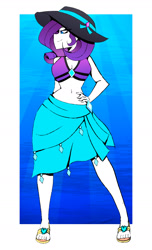 Size: 1200x1971 | Tagged: safe, artist:xan-gelx, imported from derpibooru, rarity, human, equestria girls, abstract background, belly button, bikini, breasts, busty rarity, cleavage, clothes, feet, female, hand on hip, hat, profile, rarity's blue sarong, rarity's purple bikini, sandals, sarong, simple background, solo, sun hat, swimsuit, toes, white background