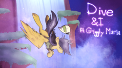 Size: 1280x720 | Tagged: safe, artist:kadoge, imported from derpibooru, daring do, pegasus, pony, eyes closed, falling, female, hat, mare, smiling, solo, song cover, water, waterfall
