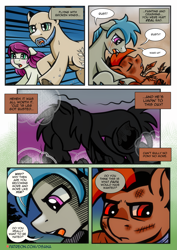 Size: 2481x3508 | Tagged: safe, artist:dsana, imported from derpibooru, oc, oc:black hoof, oc:fireweed, oc:rust wing, oc:thistle, oc:winter rye, earth pony, pegasus, pony, comic:a storm's lullaby, comic, crying, eyes closed, female, male, mare, open mouth, running, speech bubble, stallion