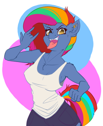 Size: 2512x3056 | Tagged: safe, artist:witchtaunter, imported from derpibooru, oc, oc:blitzkrieg bop, anthro, earth pony, clothes, devil horn (gesture), ear piercing, earring, fist, jeans, jewelry, not evil pie hater dash, pants, piercing, ripped jeans, ripped pants, tanktop, tongue out, torn clothes