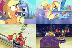 Size: 2289x1526 | Tagged: safe, imported from derpibooru, screencap, applejack, fluttershy, rainbow dash, a kirin tale, angry, crystal empire, krusty krushers, mr. krabs, nickelodeon, patrick star, screaming, sleeping, spongebob squarepants, spongebob squarepants (character), yelling