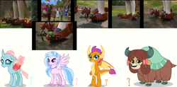 Size: 1368x673 | Tagged: safe, imported from derpibooru, screencap, ocellus, silverstream, smolder, yona, changeling, dragon, hippogriff, yak, ants, barney the dinosaur, bow, clothes, cloven hooves, colored hooves, dragoness, female, hair bow, jewelry, monkey swings, necklace, photo, rating, slippers