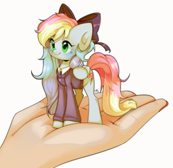 Size: 2832x2758 | Tagged: safe, artist:pledus, imported from derpibooru, oc, oc only, oc:blazey sketch, pegasus, pony, bow, clothes, green eyes, grey fur, hair bow, hand, in goliath's palm, long hair, long tail, micro, multicolored hair, pastel, simple background, size difference, small wings, smol, solo, sweater, tail, tiny, tiny ponies, white background, wings