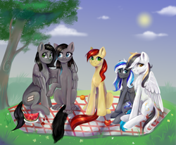 Size: 3176x2612 | Tagged: safe, artist:ske, imported from derpibooru, oc, oc only, oc:flaming dune, oc:storm cloud river's, earth pony, pegasus, pony, apple, cloud, commission, folded wings, food, hug, looking at someone, looking at you, multicolored mane, multicolored tail, picnic blanket, sitting, sun, tail, tree, watermelon, wings, ych result